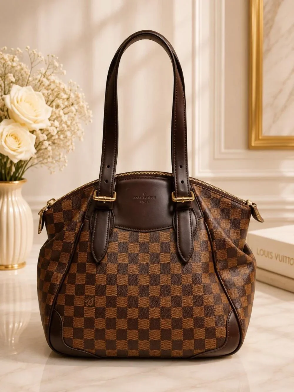 Authentic Louis Vuitton Verona MM Damier Ebene Shoulder Tote Handbag Brown